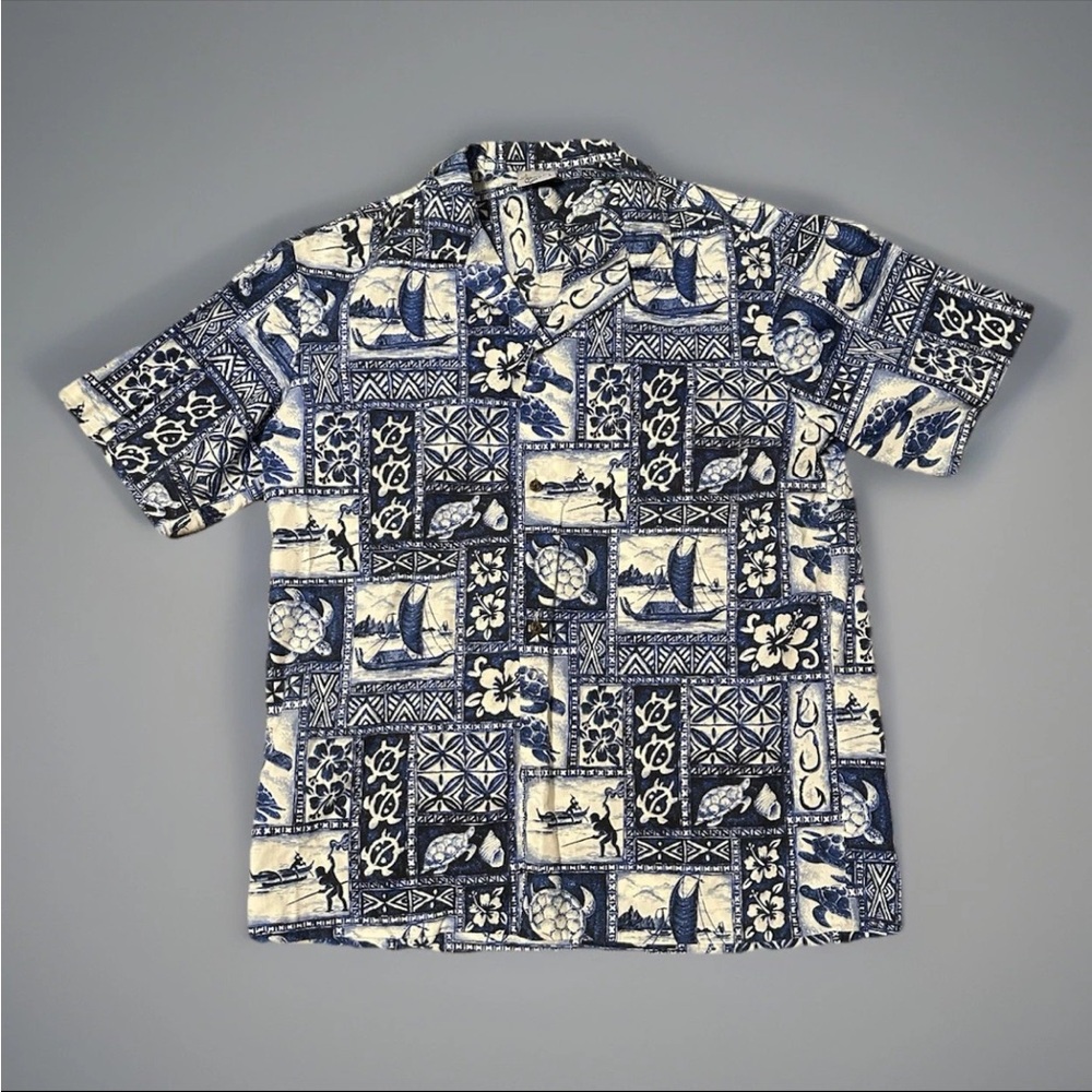 Royal Creations Button Up Hawaiian Shirt Mens Large Blue White Floral Sea Summer